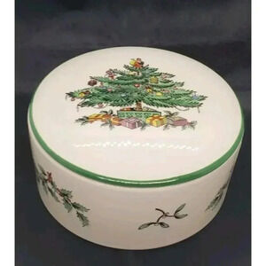 Vintage SPODE Christmas Tree Covered Candy Dish Trinket Vanity Jewelry Gift Box